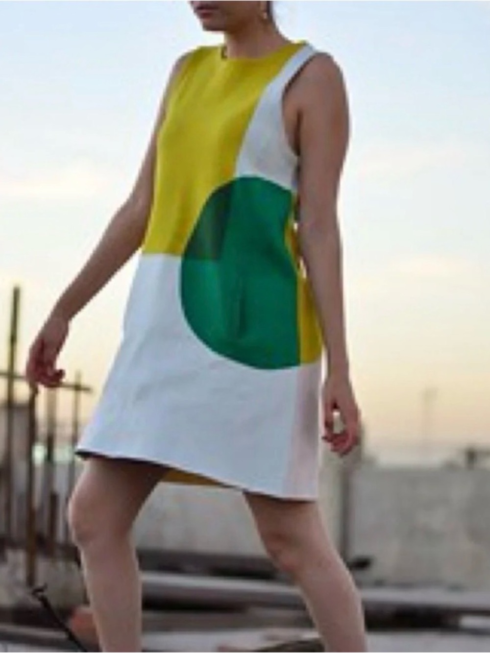 Moth Yellow, White & Green Colorblock Sleeveless Shift Dress